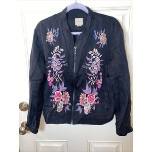 A. Moss Floral Embroidered Zip Up Soft Bomber Jacket Medium Boho Dark Gray/Black